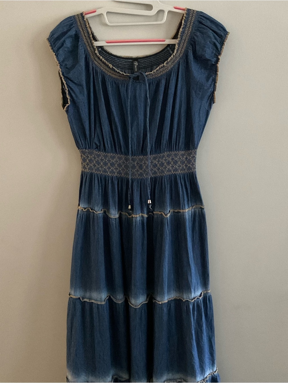 Indigo & Lace Blue denim Embroidered tiered boho long dress size M - Picture 2 of 10